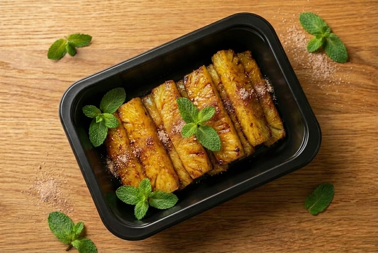 Small portion of grilled pineapple with mint garnish