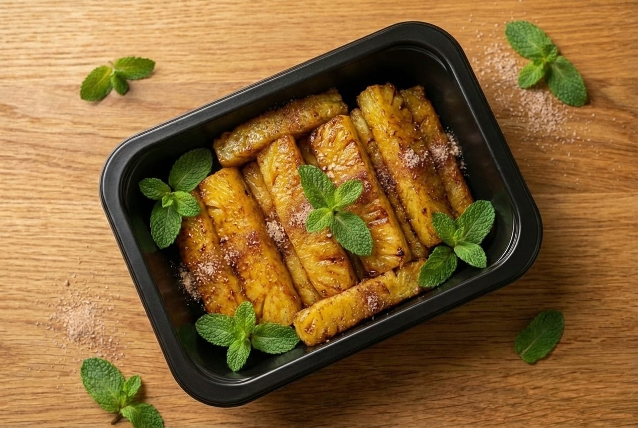 Large portion of grilled pineapple with mint garnish