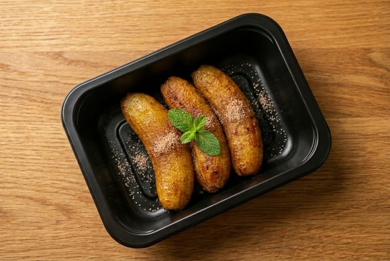 Small portion of fried bananas with mint garnish