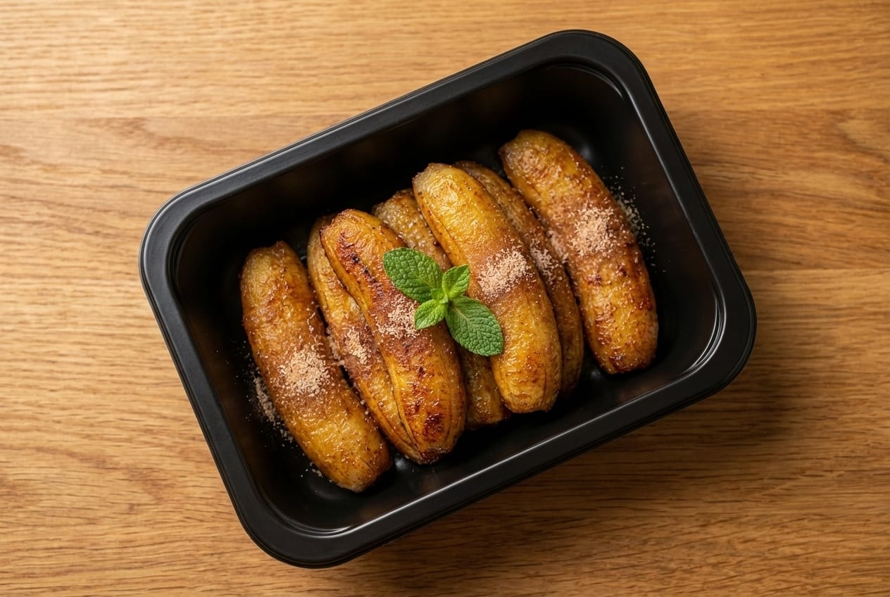Large portion of fried bananas with mint garnish