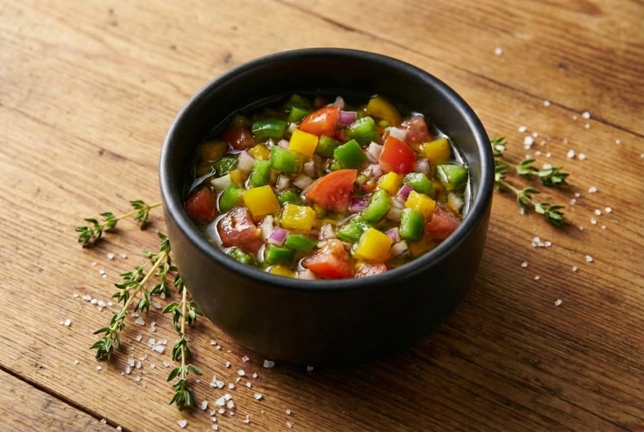 Brazilian vinaigrette with diced tomato, pepper, and onion