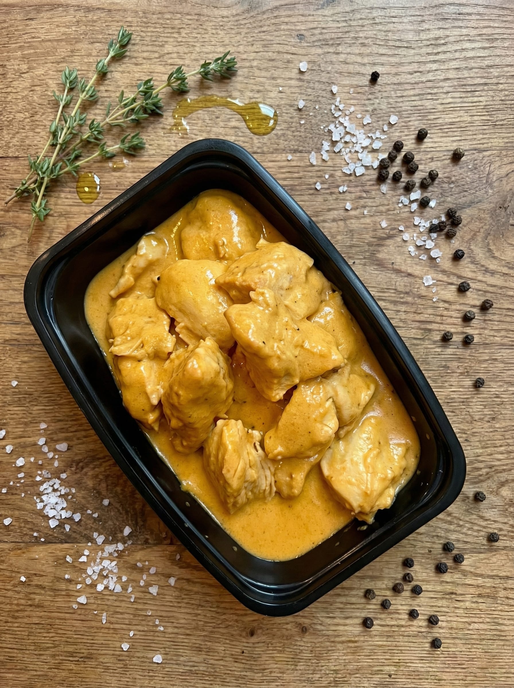 Chicken stroganoff in creamy sauce, packaged for takeout