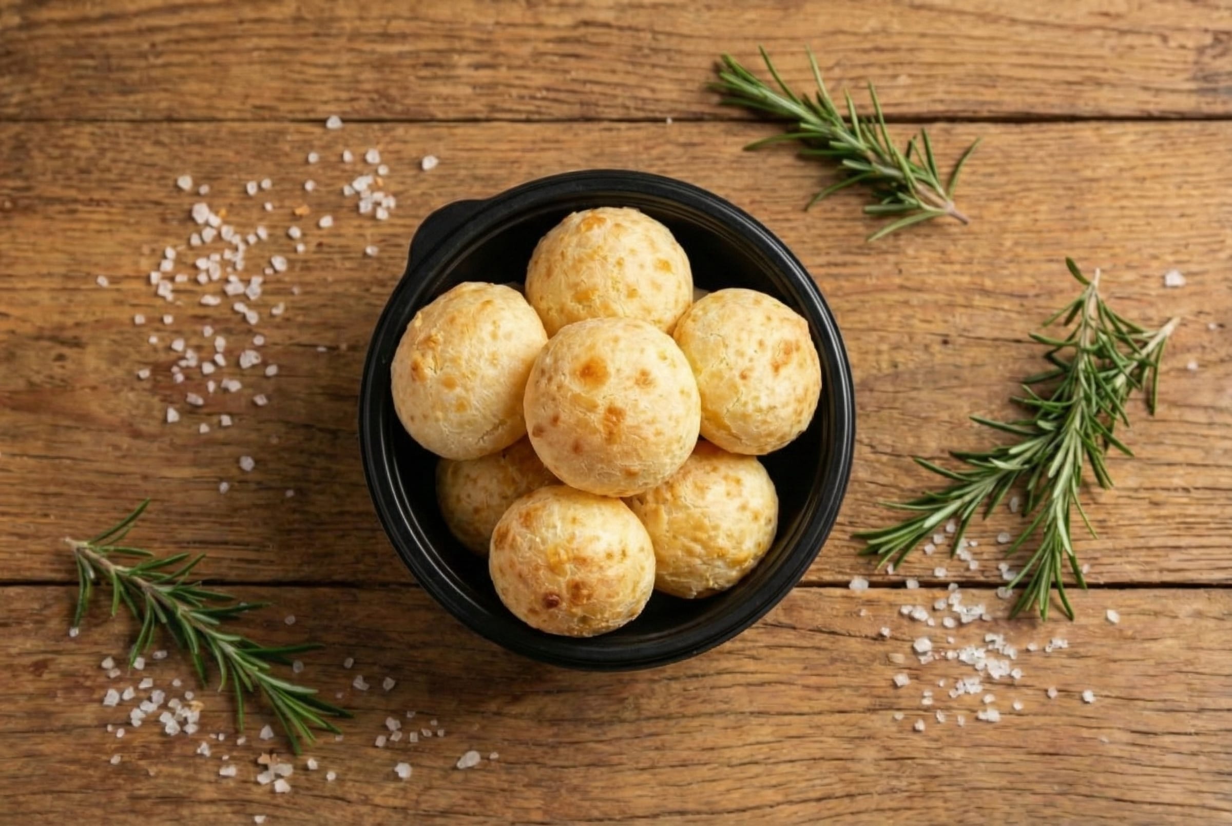 Half dozen Brazilian cheese bread rolls in a bowl