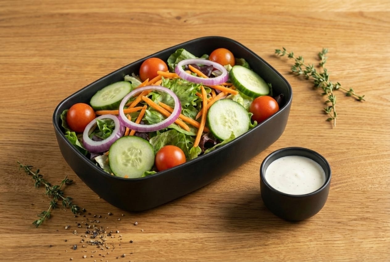 House salad with lettuce, tomato, cucumber, and onion