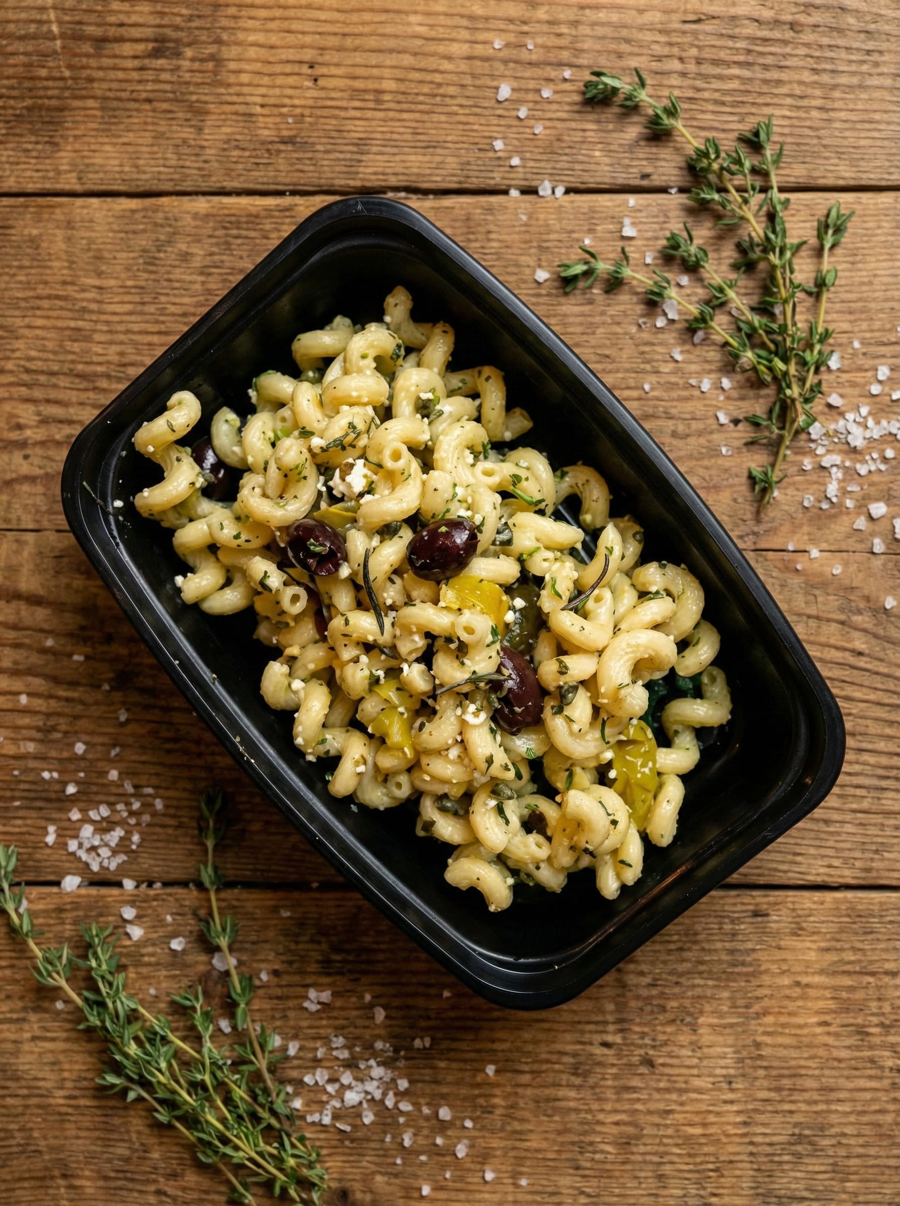 Pasta salad with olives and feta, packaged for takeout