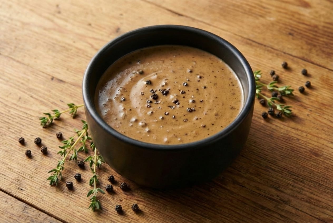 Creamy peppercorn sauce in a small bowl