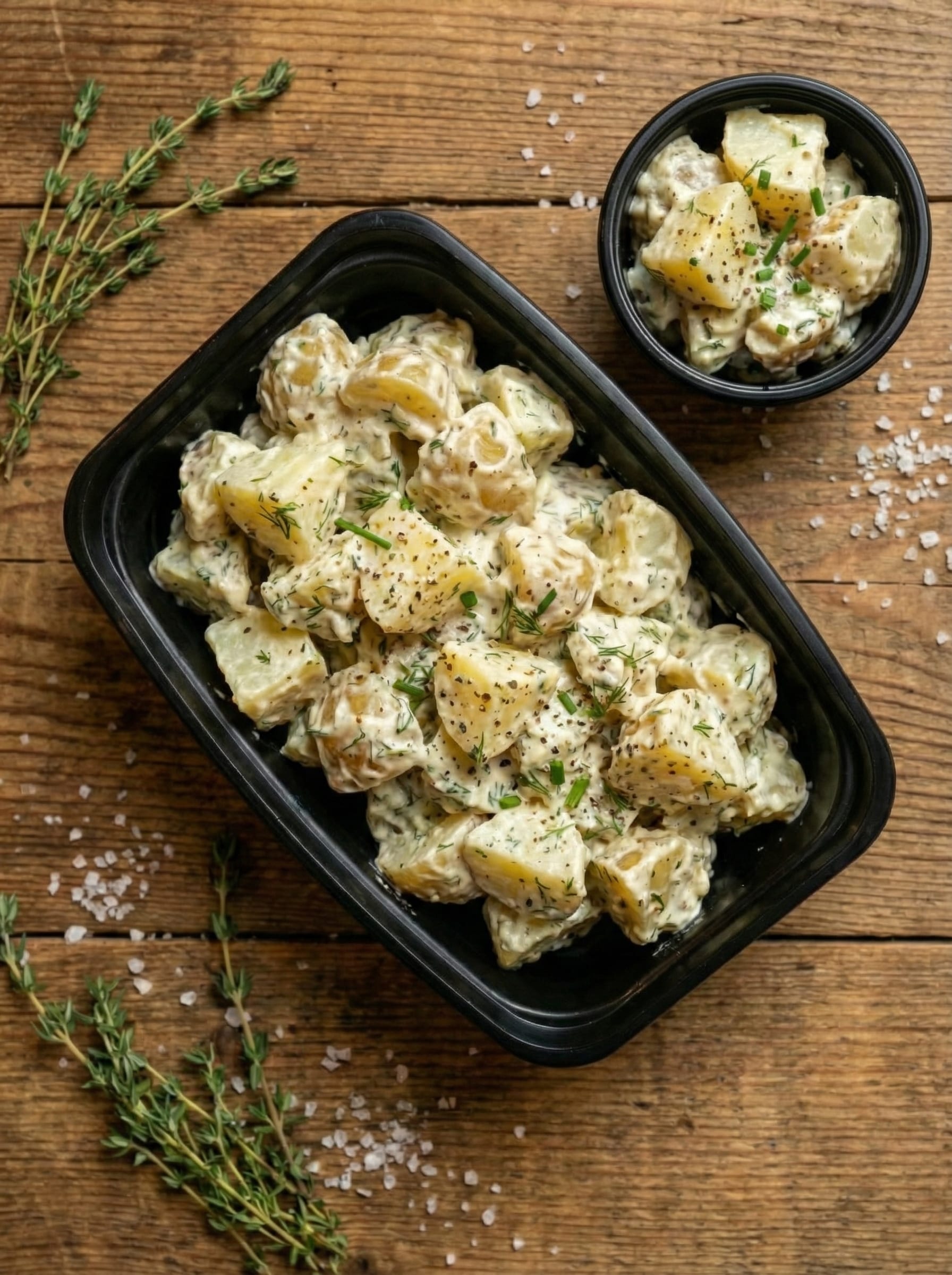 Creamy potato salad with dill in takeout containers