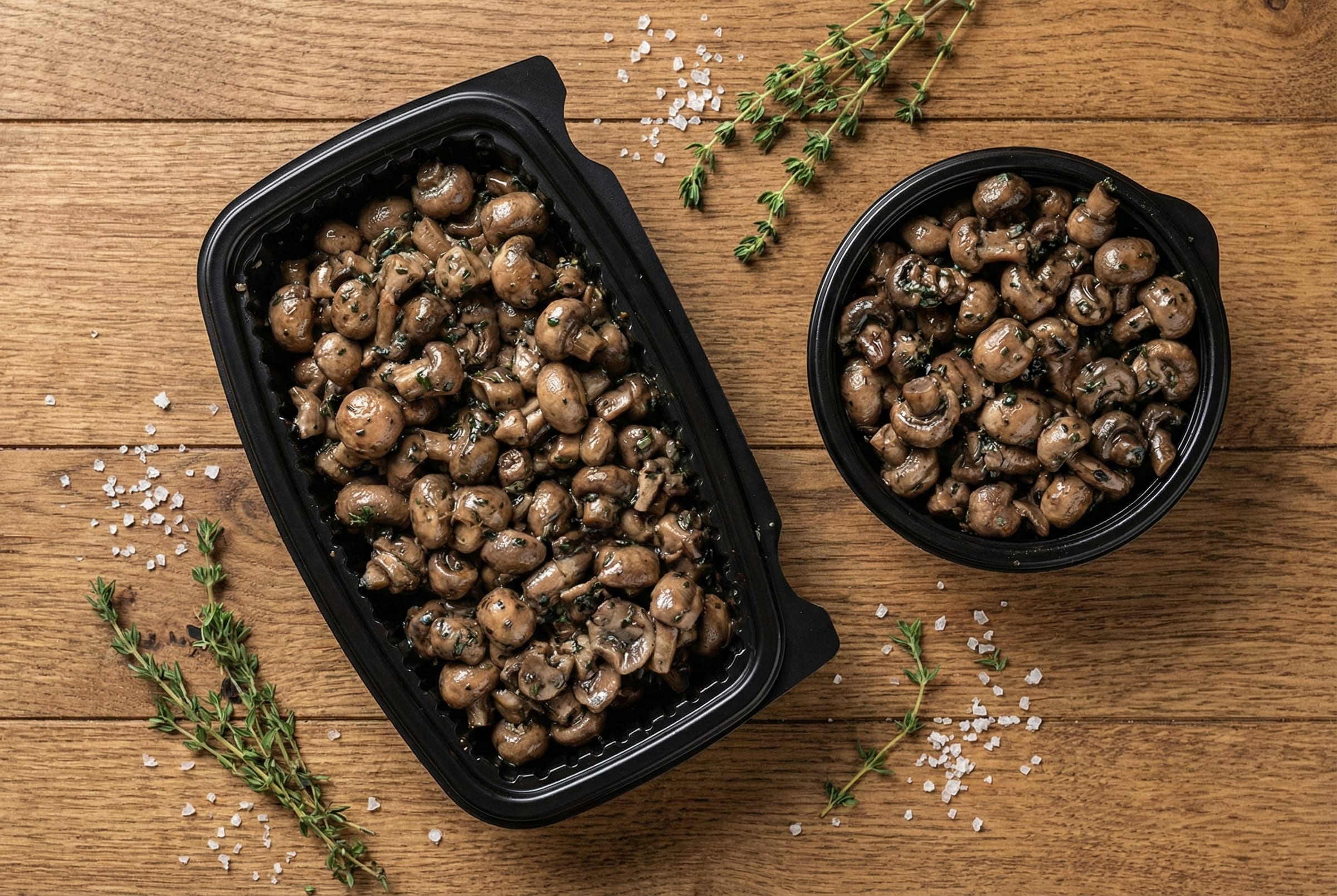 Marinated mushroom salad in takeout containers