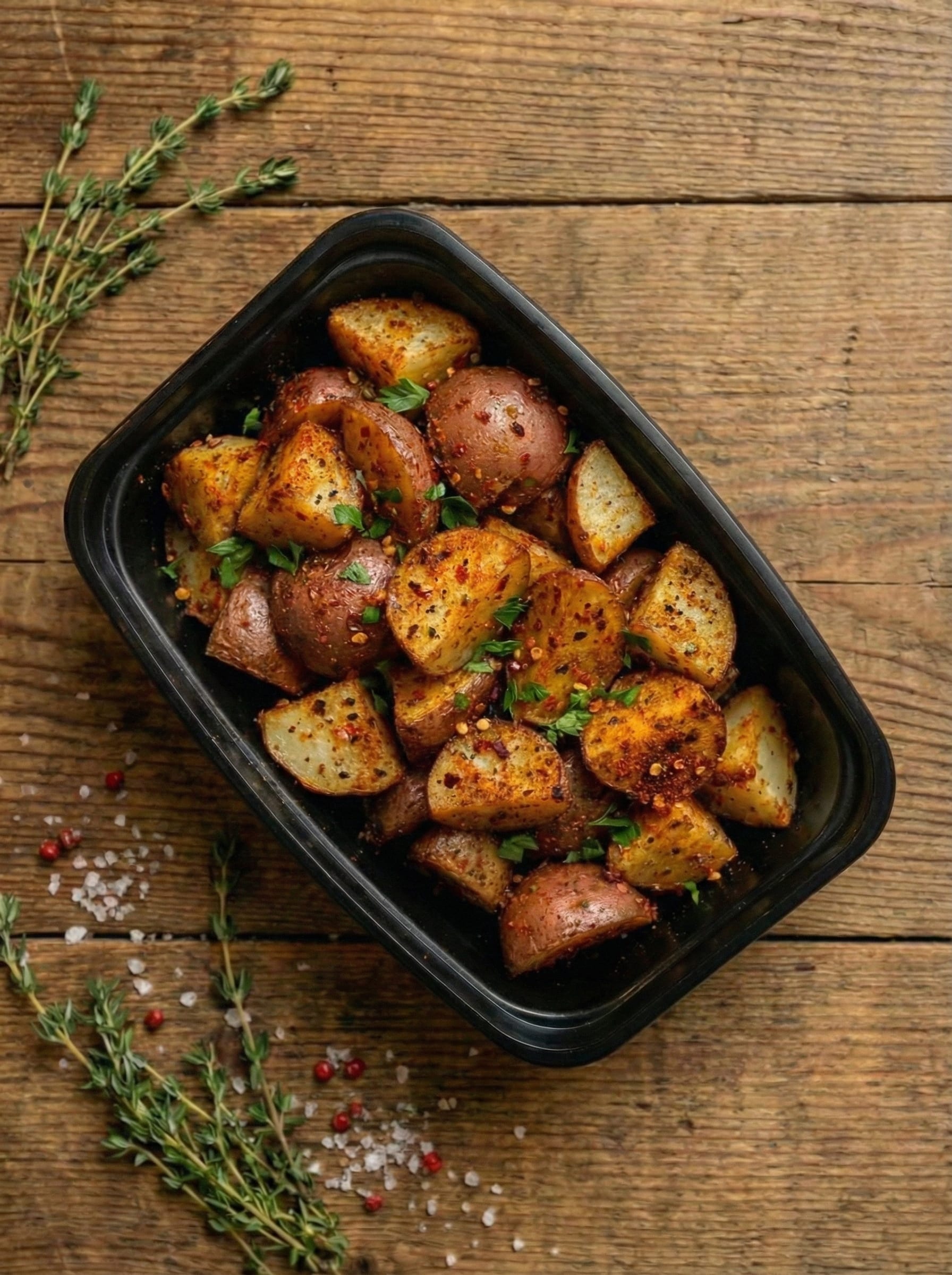 Roasted spicy red potatoes packaged for takeout