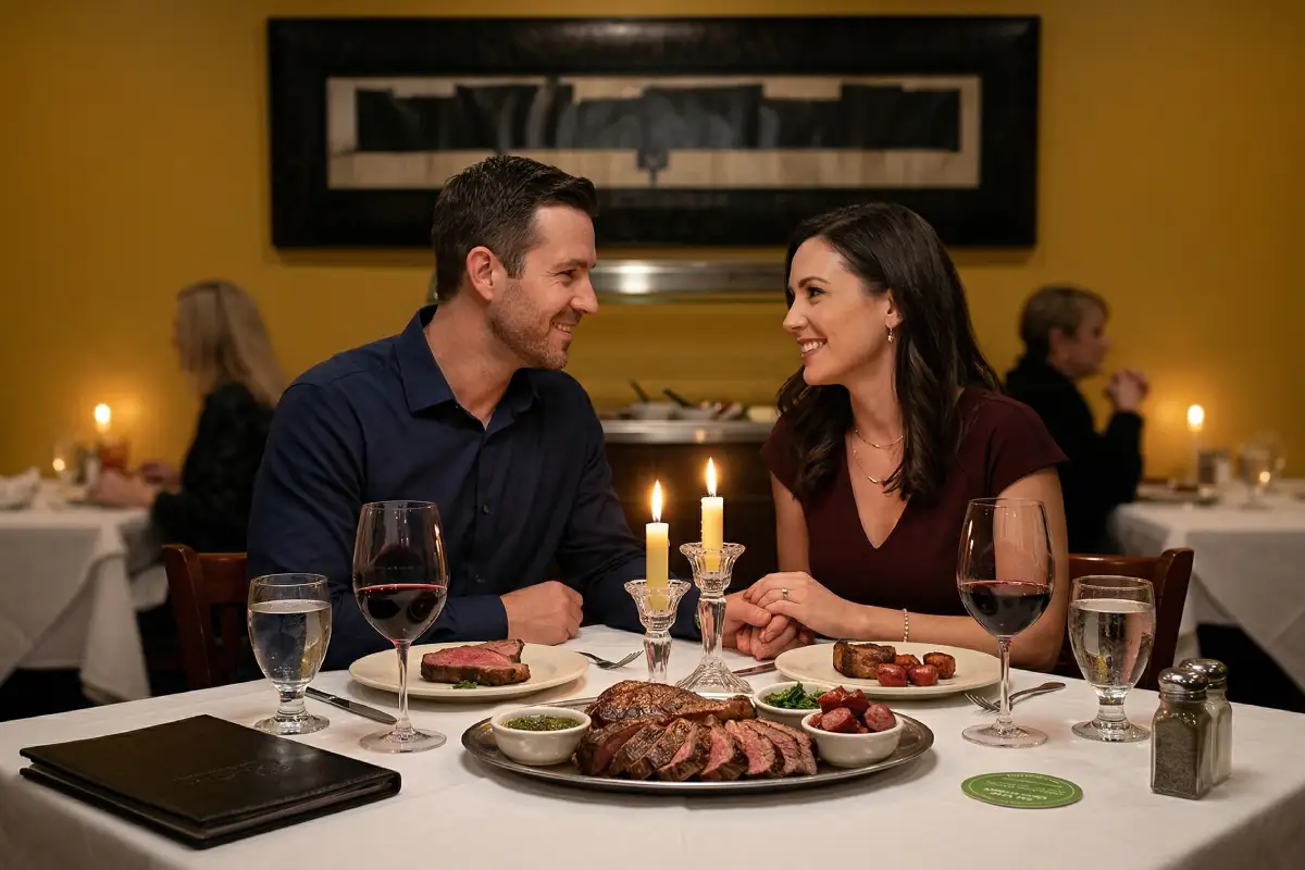 Couple sharing candlelit steak dinner at Leblon Churrascaria table